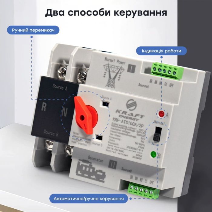 Автоматичний перемикач (АВР) під DIN-рейку Kraft KRF-ATS100A/2p 2 полюси