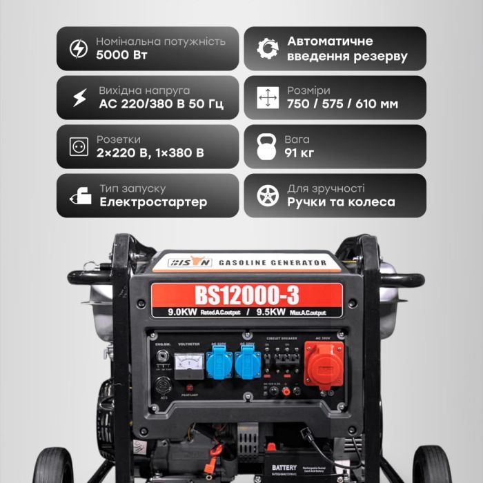 Генератор бензиновий трифазний 9 кВт Bison BS12000-3