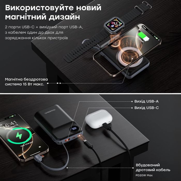 Повербанк 20000mAh Choetech B696 Black QC3.0 PD3.0 бездротова зарядка смартфонів та Apple Watch