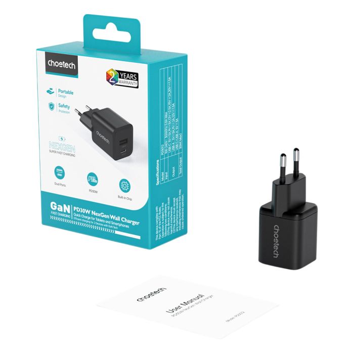 Мережевий зарядний пристрій Choetech PD5012 mini PD30W GAN A+C Black