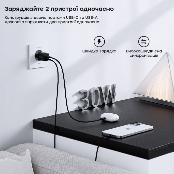Мережевий зарядний пристрій Choetech PD5012 mini PD30W GAN A+C Black