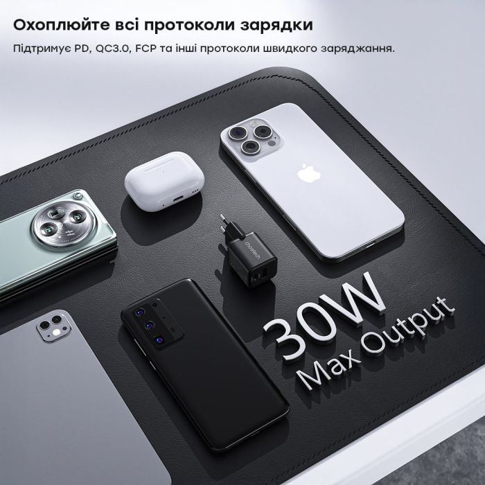 Мережевий зарядний пристрій Choetech PD5012 mini PD30W GAN A+C Black