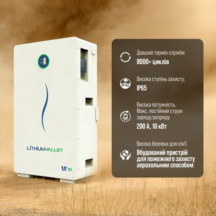 Акумуляторна батарея літій-залізо-фосфатна LiFePO4 200А*год 51.2В 10240Вт*год Lithium Valley W10-5A настінний / підлоговий монтаж