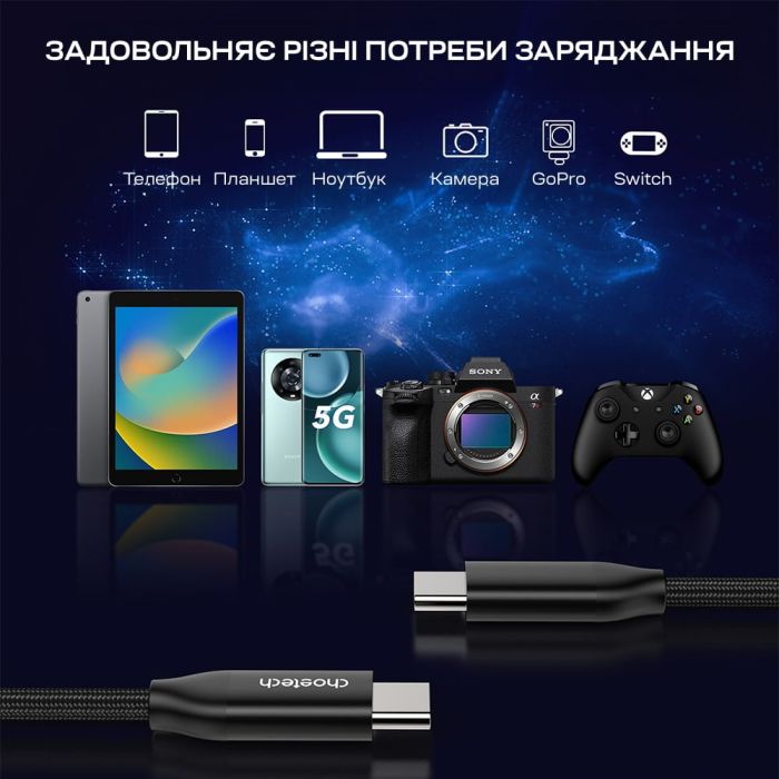 Кабель Choetech ХСС-1060 Black USB-C to USB-C PD3.1 240W 1m+2m, набір з 2 шт.