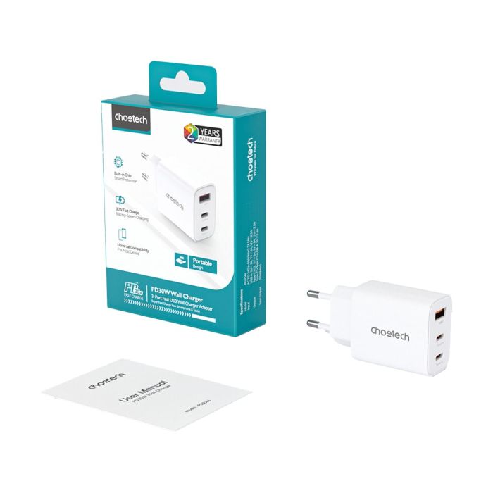 Мережевий зарядний пристрій Choetech PD3046 PD30W GAN USB-A+2xUSB-C White