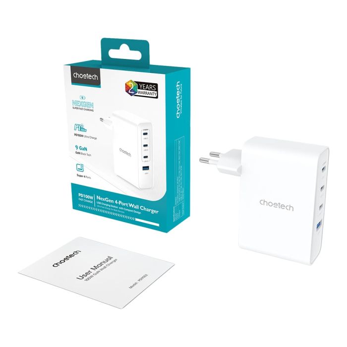 Мережевий зарядний пристрій Choetech PD9002 PD100W GAN USB-A+3xUSB-C White