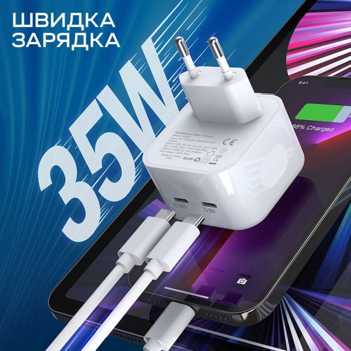 Мережевий зарядний пристрій Choetech Q5008 PD35W 2xUSB-C White