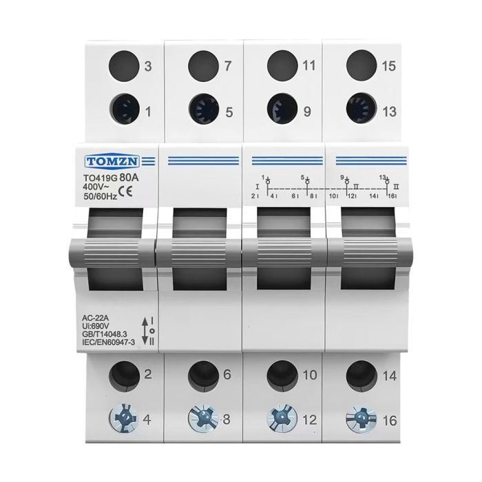 Перемикач введення резерву ручний трипозиційний під DIN-рейку TOMZN TO419G 80A I-0-II 4 полюси