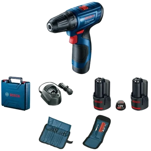 Bosch GSR 120-LI (06019G8002) Акумуляторний шурупокрут + 2 акб 2.0 Ah + ЗУ + набір біт 11 шт. + набір свердл 12 шт.