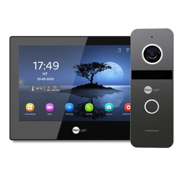 Комплект Neolight ALPHA Hybrid IP KIT B/Graphite: гібридний відеодомофон 8" з Wi-Fi, 2 Мп відеопанель та PoE адаптер для панелі виклику