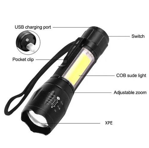 Ліхтар W601-XPE(Red)+COB(White), Li-Ion акумулятор, ЗП Type-C, zoom, Box
