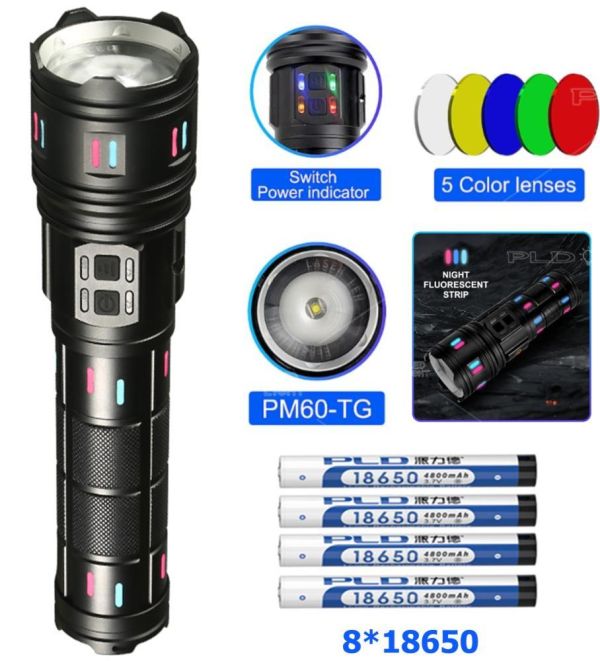 Ліхтар NIGHT VISION FLUORESCENCE AK177-WHITE LASER LED PM60-TG, 8x18650 3.7V, Power Bank, ЗП Type-C, zoom, 5 фільтрів