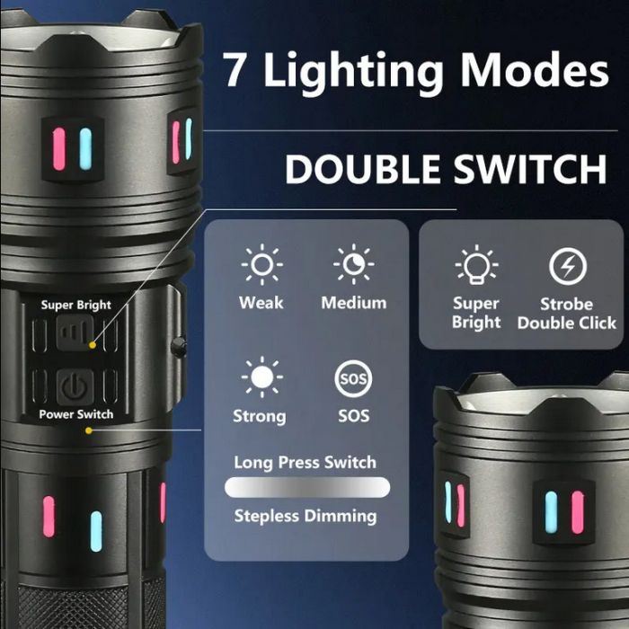 Ліхтар NIGHT VISION FLUORESCENCE AK177-WHITE LASER LED PM60-TG, 8x18650 3.7V, Power Bank, ЗП Type-C, zoom, 5 фільтрів