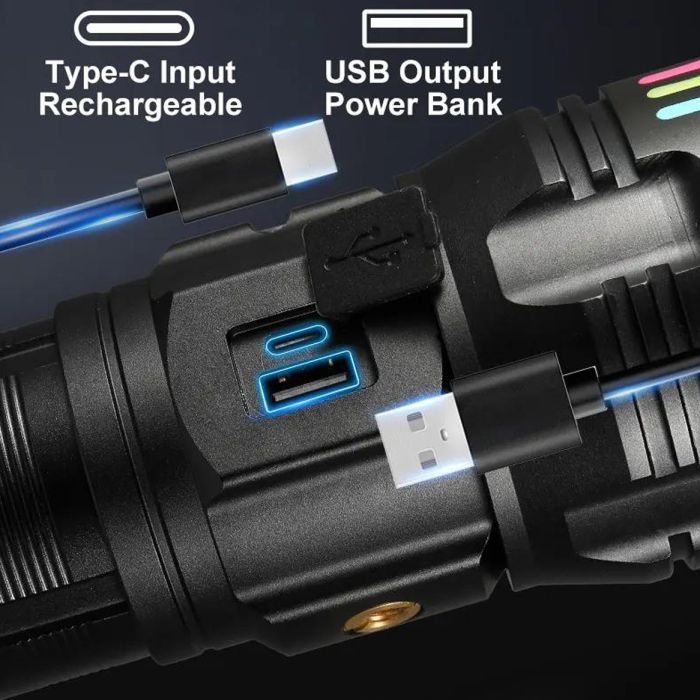 Ліхтар NIGHT VISION FLUORESCENCE AK178-1-WHITE LASER LED PM60-TG+COB, 4x18650, Power Bank, ЗП Type-C, zoom, 5 фільтрів