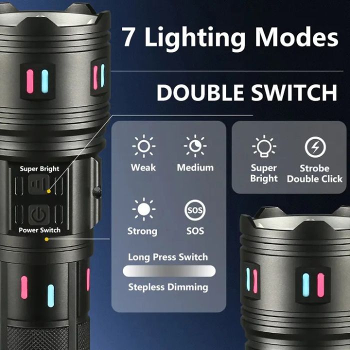 Ліхтар NIGHT VISION FLUORESCENCE AK178-1-WHITE LASER LED PM60-TG+COB, 4x18650, Power Bank, ЗП Type-C, zoom, 5 фільтрів