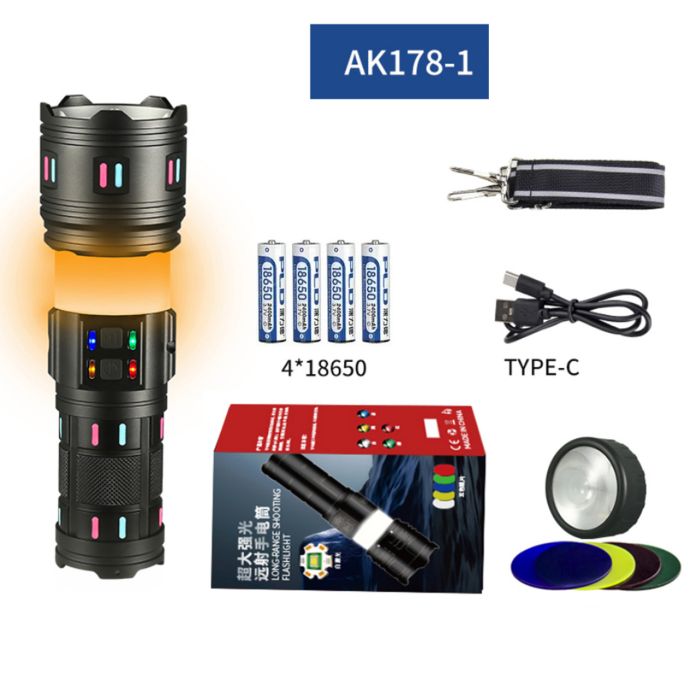Ліхтар NIGHT VISION FLUORESCENCE AK178-1-WHITE LASER LED PM60-TG+COB, 4x18650, Power Bank, ЗП Type-C, zoom, 5 фільтрів