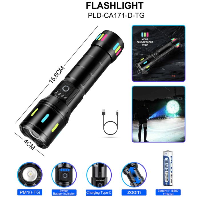 Ліхтар NIGHT VISION FLUORESCENCE CA171-D 1 РЕЖИМ  WHITE LASER LED PM10-TG, індикація заряду, 1x18650/3xAAA, ЗП Type-C, zoom, Box