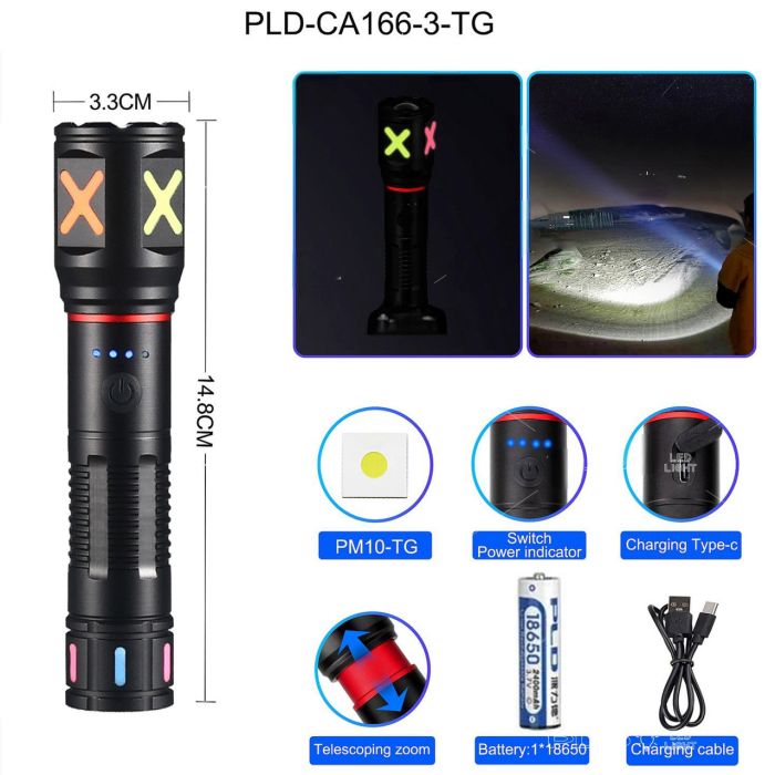Ліхтар PLD-CA166-3 1 РЕЖИМ WHITE LASER LED PM10-TG, 1х18650, індикація заряду, ЗУ Type-C, zoom, Box