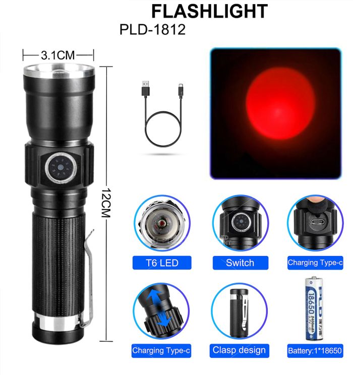 Ліхтар PLD-1812-T6 (Red), 1x18650, індикація заряду, ЗП Type-C, zoom, Box