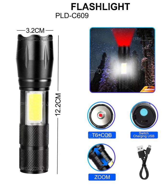 Ліхтар C609-T6(Red)+COB(White), Li-Ion акумулятор, ЗП microUSB, zoom, Box