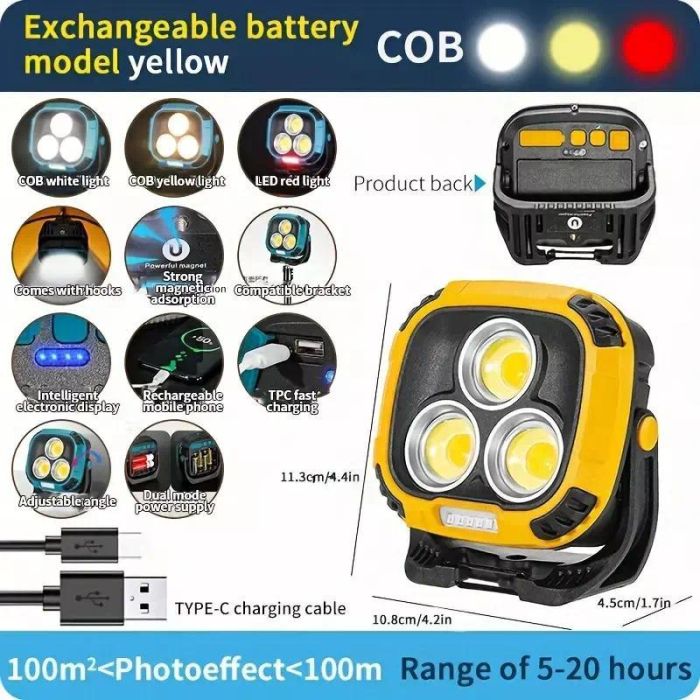 Ліхтар кемпінг W891-1-3COB(White+Yellow)+5SMD(Red), Power bank, 2x18650, ЗП Type-C, магніт, гачок