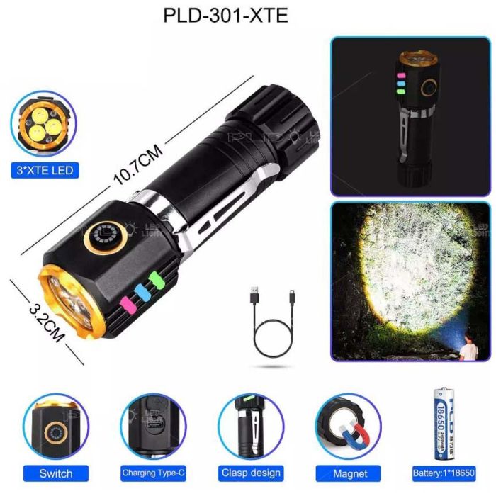 Ліхтар NIGHT VISION FLUORESCENCE 301-3XTE, 1x18650, ЗП Type-C, магніт, Box
