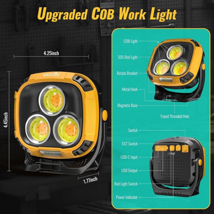 Ліхтар кемпінг W891-1-3COB(White+Yellow)+5SMD(Red), Power bank, 2x18650, ЗП Type-C, магніт, гачок