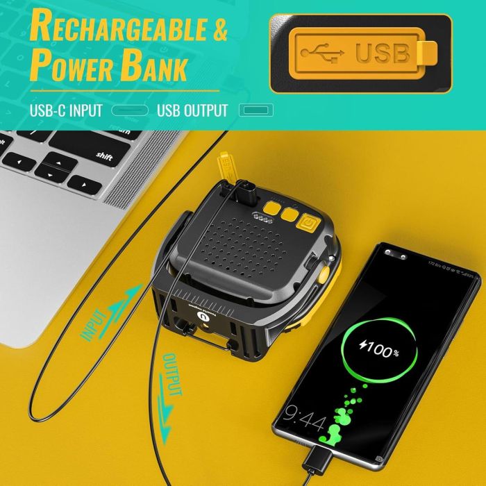 Ліхтар кемпінг W891-1-3COB(White+Yellow)+5SMD(Red), Power bank, 2x18650, ЗП Type-C, магніт, гачок