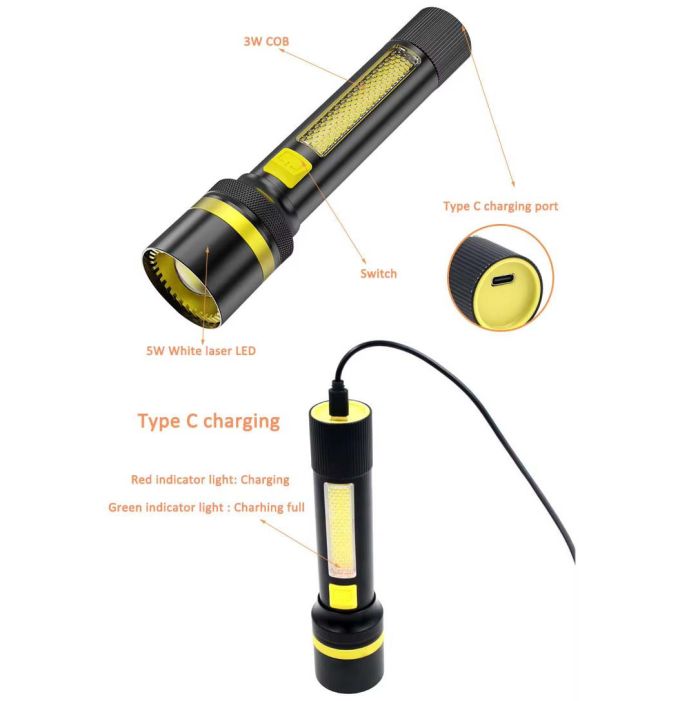 Ліхтар 24094-WHITE LASER LED PM10-TG+COB(White+Red), Li-Ion акумулятор, ЗП Type-C, zoom