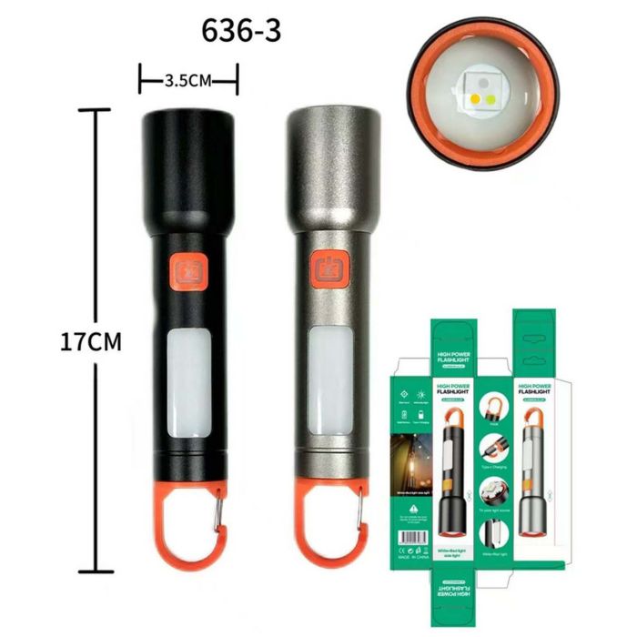 Ліхтар BL-636-3TG (WHITE+YELLOW+BLUE)+COB(WHITE+RED), Li-Ion акумулятор, ЗП Type-C, zoom, Box