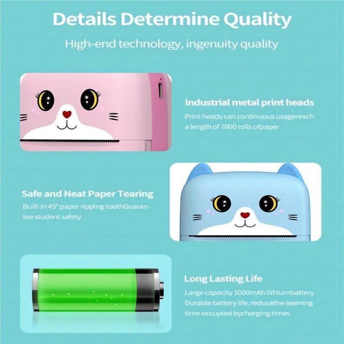 Дитячий термопринтер A8 Cat printer pink, bluetooth, ЗП Type-C