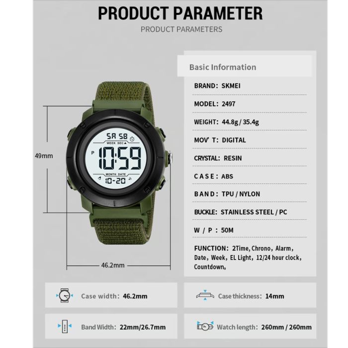 Годинники наручні 2497NAGWT SKMEI, ARMY GREEN/WHITE-NYLON