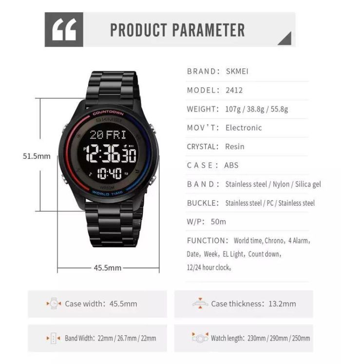 Годинники наручні 2412PBK SKMEI, BLACK-SILICONE