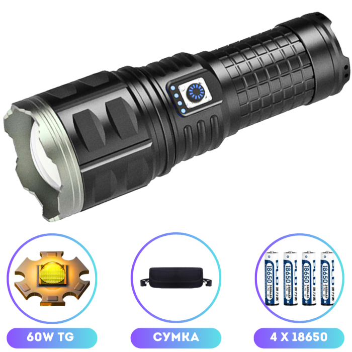 Ліхтар AK138 WHITE LASER LED PM60-TG, 4х18650, power bank, індикація заряду, ЗП Type-C, zoom, Box