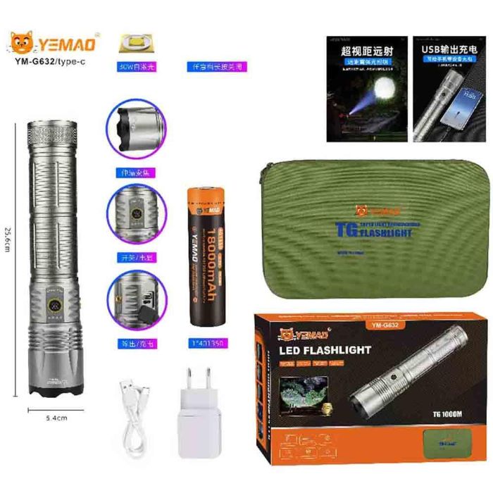 Ліхтар YEMAO YM-G632 TG 30W, 1x401350, Power Bank, ЗУ Type-C, zoom, кейс