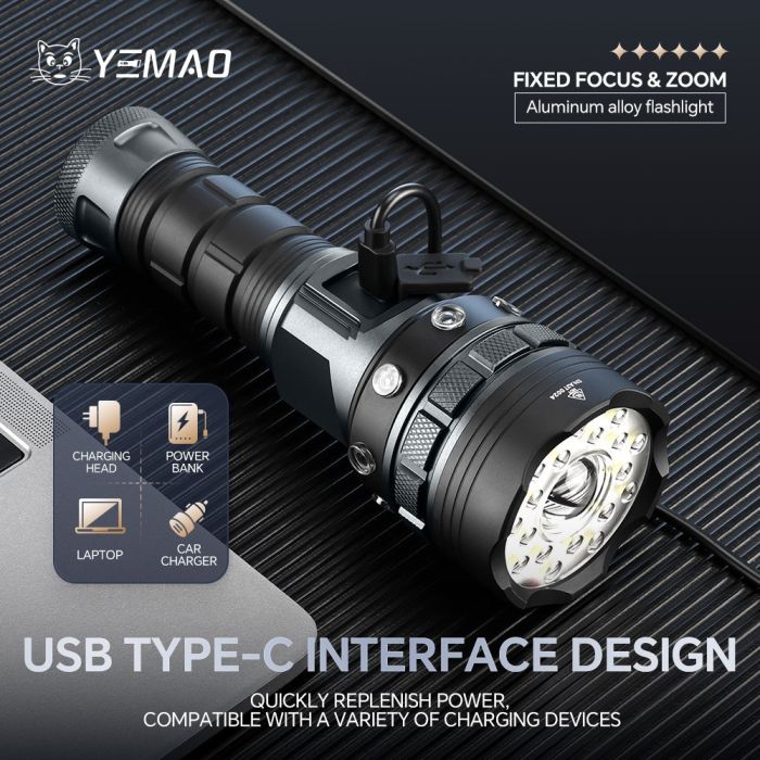 Ліхтар YEMAO YM-A3T 1+18LED, 1x26650, ЗУ Type-C, zoom, магніт