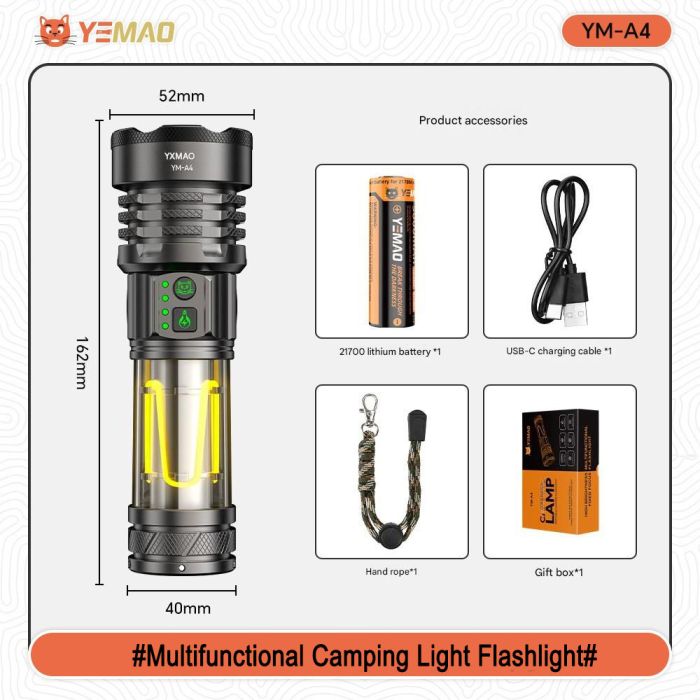 Ліхтар YEMAO YM-A4 Sanan 55, 1x21700, ЗУ Type-C, функція лампи, гачок