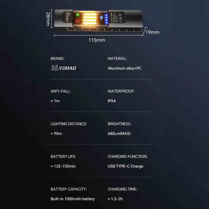 Ліхтар YEMAO YM-M31 P50+лазер(RED)+SMD(RGB), Li-Ion акумулятор, ЗУ Type-C, магніт, затискач