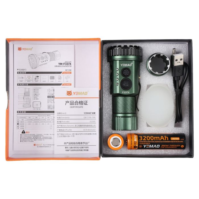 Тактичний ліхтар YEMAO YM-F337X, 3500LM, акумулятори 18650 + 18350 (3200 + 1500 mAh), бокові світлодіоди (червоний, синій, зелений