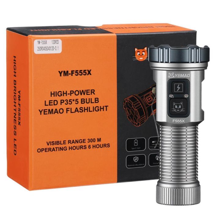 Фонарь YEMAO YM-F555X 5P35+4LED(RED+BLUE), 1x18650/18500, ЗУ Type-C, магнит, зажим