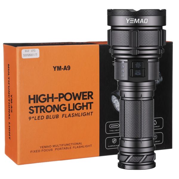 Фонарь YEMAO YM-A9 9LED, 2x26650, Power Bank, ЗУ Type-C, колпачек, 3 фильтра