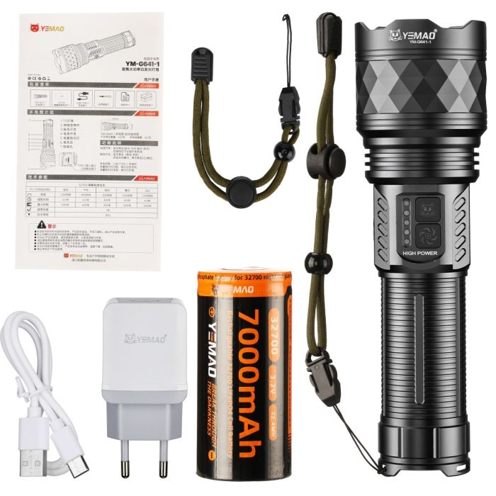 Ліхтар YEMAO YM-G641-1 TG 60W, 1x32700, Power Bank, ЗУ Type-C, zoom, кейс