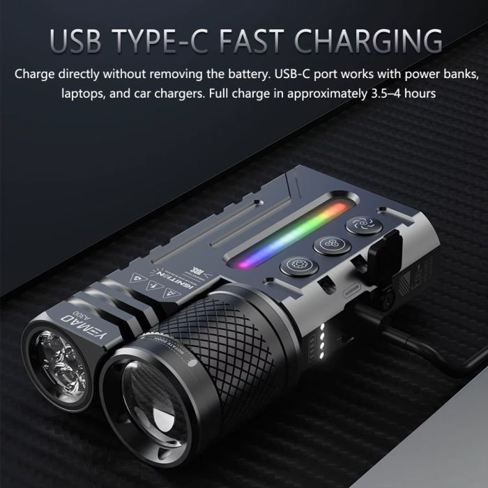 Ліхтар YEMAO YM-A300-SFT12R+3x3535+RGB, Li-Ion акумулятор, ЗУ Type-C, zoom