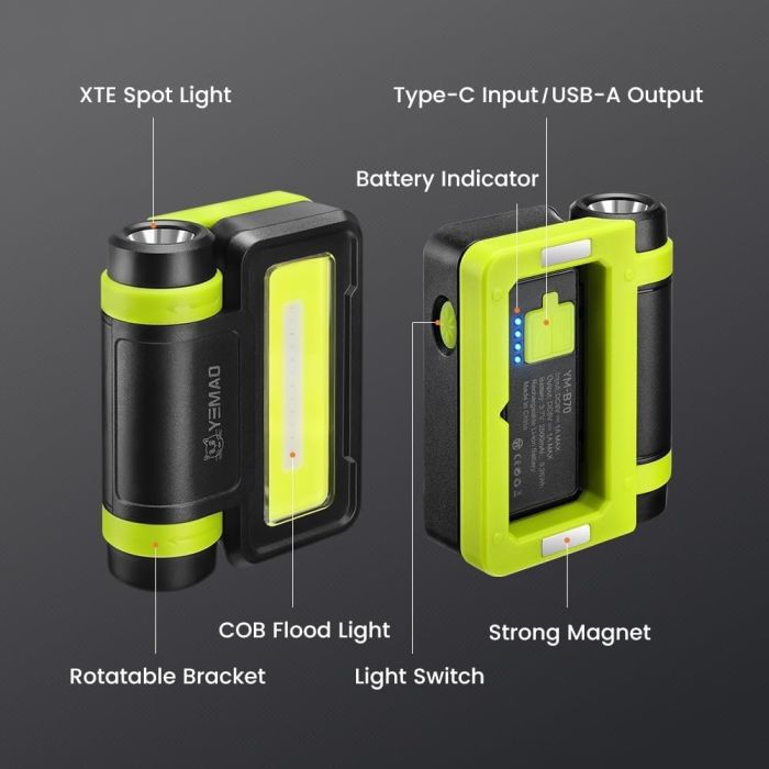 Ліхтар YEMAO YM-B70-XTE+COB(white+red+blue), Li-Ion акумулятор, Power Bank, ЗУ Type-C, магніт, IPX4
