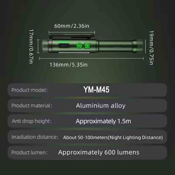 Ліхтар YEMAO YM-M45-XPG+COB(white+red+green), 1x14500/1xAA, ЗУ Type-C, магніт