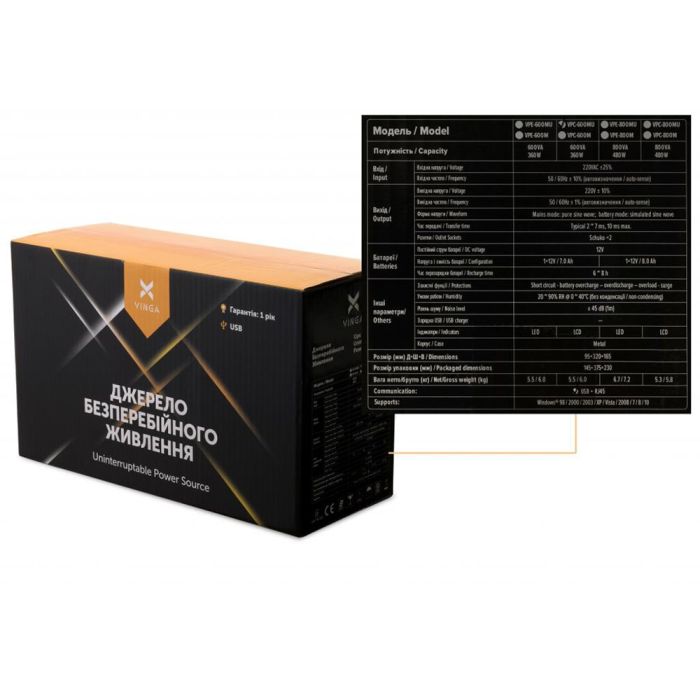 Джерело безперебійного живлення Vinga VPC-600MU 600ВА / 360 Вт з LCD-дисплеєм з USB у металевому корпусі