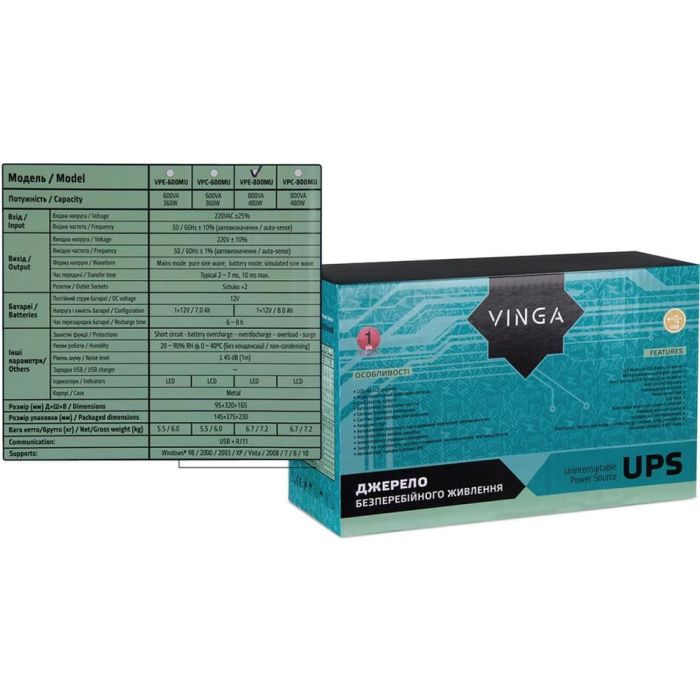 Джерело безперебійного живлення Vinga VPE-800MU 800ВА / 480 Вт з LED-індикацією з USB у металевому корпусі