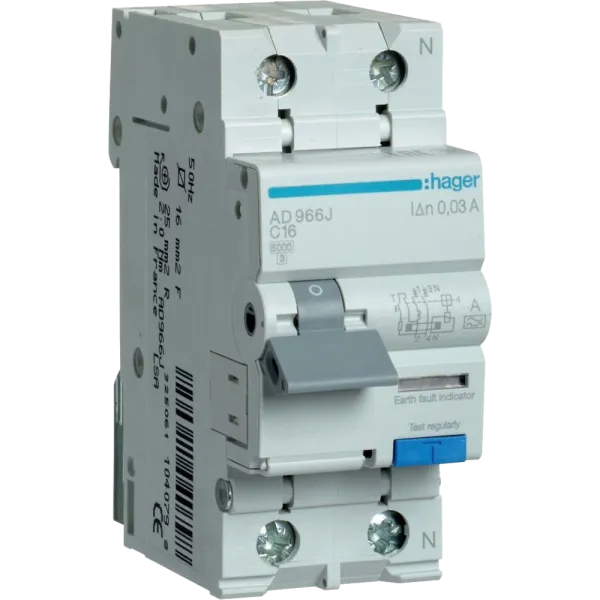Hager 1+N С16/30mA 6кА, тип-A AD966J Дифавтомат