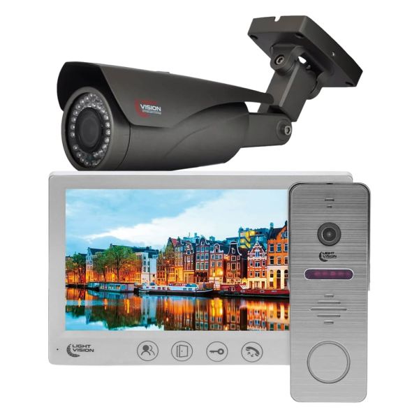 Комплект відеодомофона Light Vision з відеокамерою: домофон 7" AMSTERDAM FHD White, відеопанель 2Mp RIO FHD Grey, MHD-відеокамера 2Mp VLC-1192WFM Graphite