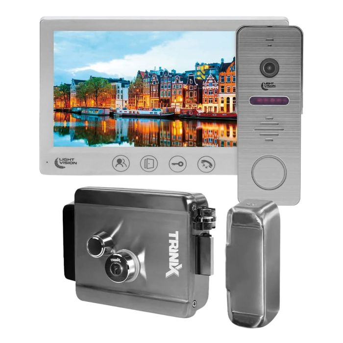 Комплект відеодомофона Light Vision з електрозамком: домофон 7" AMSTERDAM FHD White, відеопанель 2Mp RIO FHD Grey, електромеханічний замок Trinix TRX Fass Steel